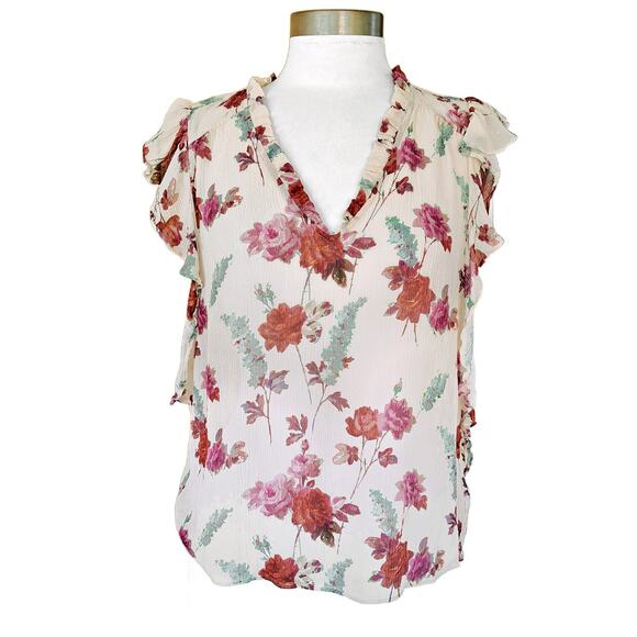 PAIGE Genie Floral Silk Chiffon Ruffle top Size Medium Nude Cream Multi V-neck - Picture 2 of 10